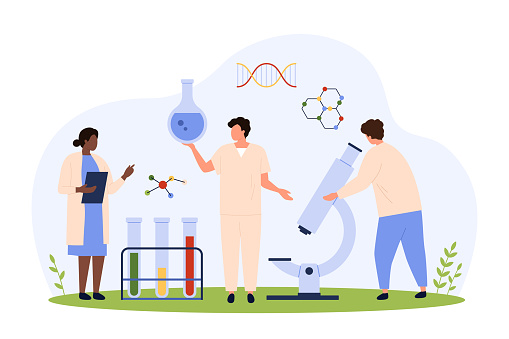 Laboratory research in chemistry, pharmacy and biotechnology vector illustration. Cartoon tiny people holding flask with sample for analysis by microscope, scientists test gene and molecular structure