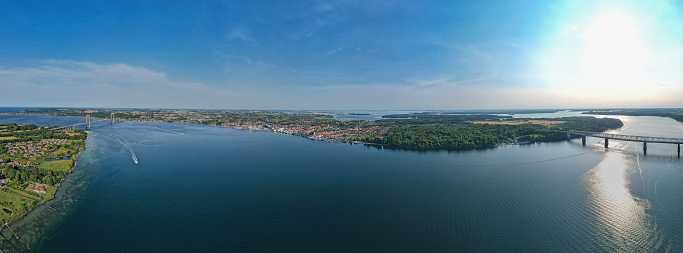 Aerial fly over the harbor and village of Middelfart Denmark during summer