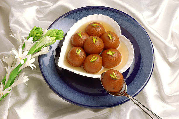 Gulab Jamun in Heart Plate Pakistani & Indian Famous Sweet & Dessert. india sweets stock pictures, royalty-free photos & images