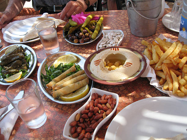 Lebanese mezze Varied small lebanese dishes served in a restaurant. alintal stock pictures, royalty-free photos & images