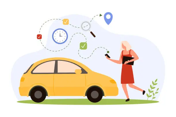 Vector illustration of GPS navigation for car road travel in mobile app, tiny woman holding phone to navigate