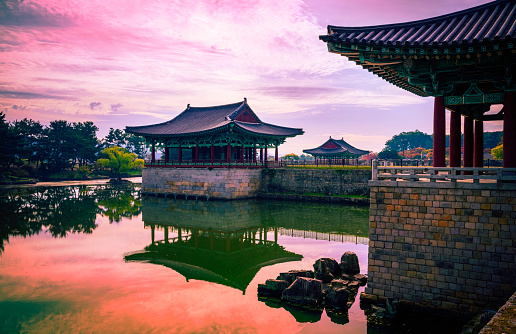 Gyeongju City Landmark Heritage Site in South Korea, of Donggung Palace, Wolji Pond and Anapji Park with traditional Korean architecture and garden at sunset