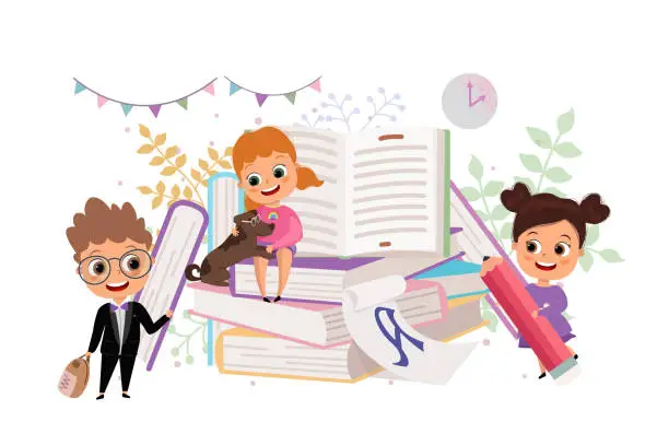 Vector illustration of Back to school flat cartoon vector illustrations. Preparation to Day of knowledge, school supplies buying, first grader gathering. Pupils with books, book lovers, readers, modern literature fans.