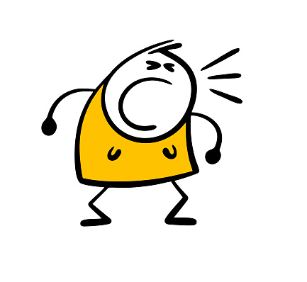 Very aggressive cartoon woman in dress clenched fists, opened mouth and screamed loudly. Vector illustration of female stickman in rage. Isolated character on white background.