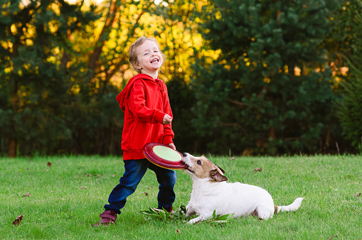 Smiling child playing with dog at backyard
