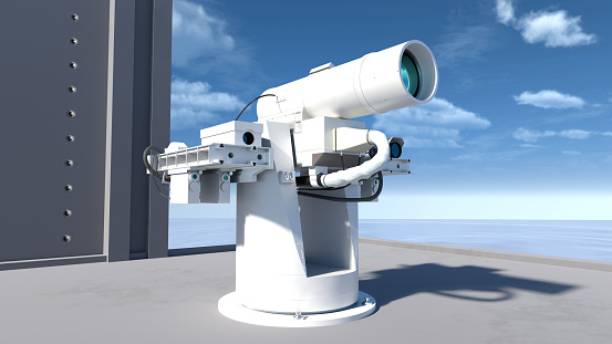 Laser weapon on the deck of a ship