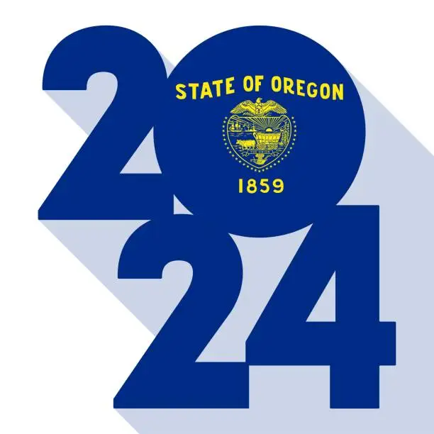 Vector illustration of 2024 long shadow banner with Oregon state flag inside. Vector illustration.