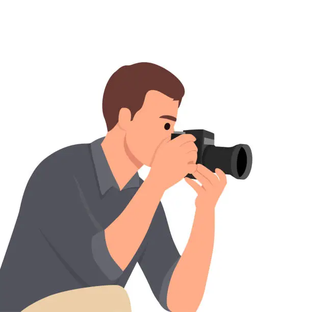 Vector illustration of Male photographer holding a camera to take pictures.