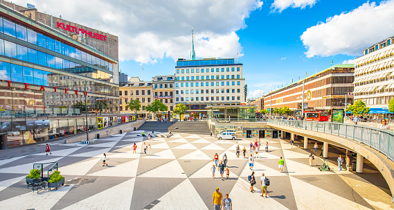 Stockholm, Sweden - 16 June, 2023:  Central Sergel's Square (Sergels Torg) in Stockholm city centre, people walking on a square.