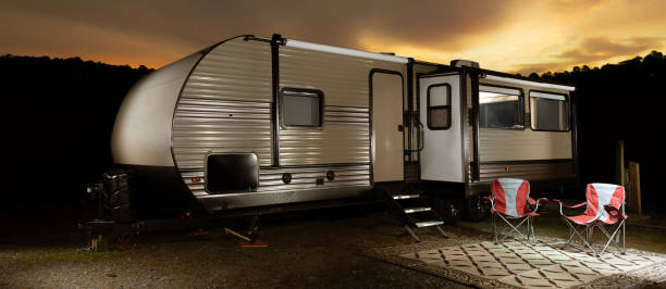 istock travel trailer with a bright sunset 1792871016