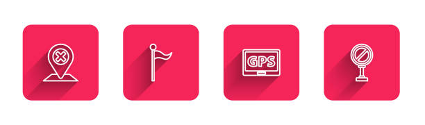 선 위치, 마커, 지도가 있는 gps 장치 및 긴 그림자가 있는 정지 표지판을 설정합니다. 빨간색 사각형 버튼입니다. 벡터 - pennant flag red road sign stock illustrations
