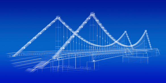 3d wireframe render of a bridge in blue