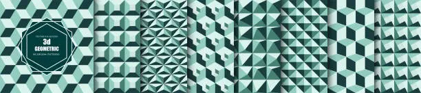 Vector illustration of Collection of mint and green color seamless geometric patterns. Repeatable fashion backgrounds. Decorative endless 3d creative ceramic tile textures