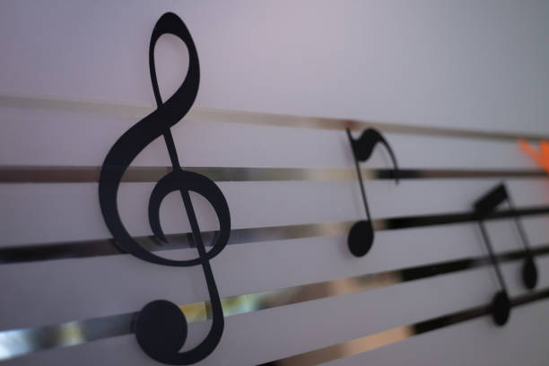 istock Black music notes on a white wall with shadows in the shade, no light 1792881937