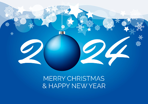 New Year Christmas background with falling snowflakes and blue ball vector