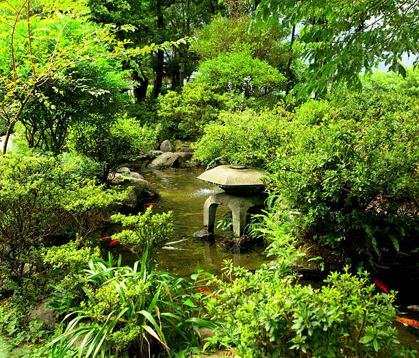 Japanese park scenery with pond and Toro  traditional stone lantern, Narita