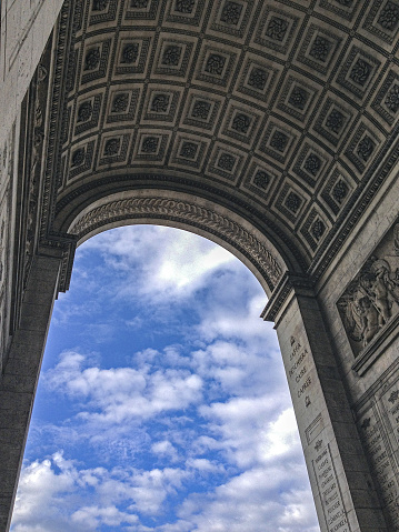 Architectural fragment of Arc de Triomphe du Carrousel, under sky with clouds in Paris  in Tuileries garden in Paris, France.