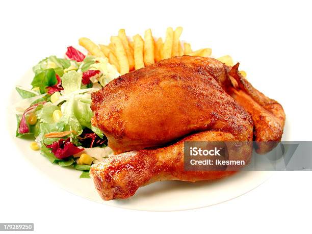 Half A Roast Chicken With Chips And Salad Stock Photo - Download Image Now - Crockery, Cross Section, Cut Out