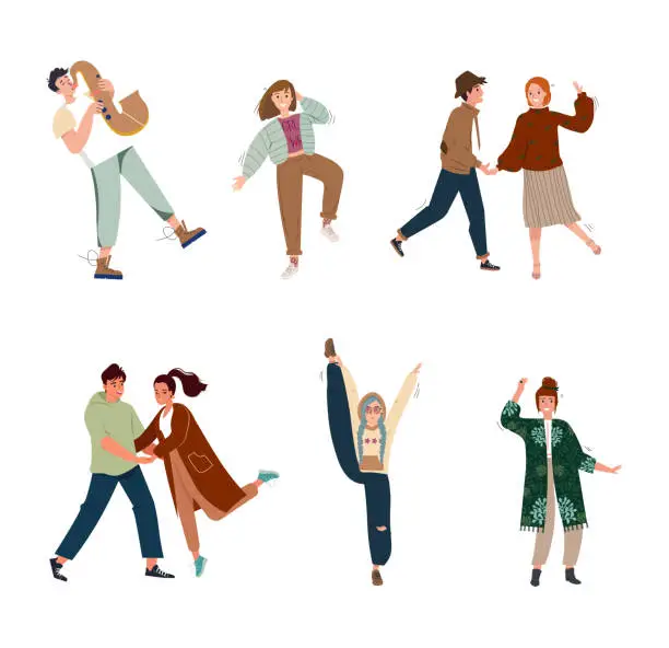 Vector illustration of Group of young happy people dancers or men and women isolated on a white background. Smiling dancing couples enjoying a dance party. Vector illustration in flat cartoon style. Entertainment concept.