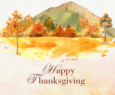 Thanksgiving Autumn landscape watercolor illustration, Nature with view of mountain and trees.