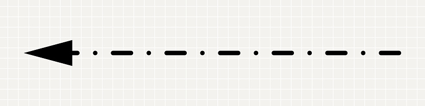 A thin straight black arrow pointing to the left. A minimalistic pointer made of lines and dots on a notebook background.