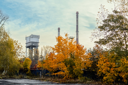 Infrastructure of the Wujek hard coal mine in Katowice. Autumn weather.