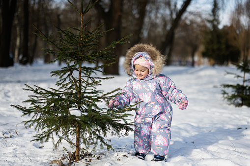 Baby girl wear child snowsuit on a sunny frosty winter day near Christmas tree.