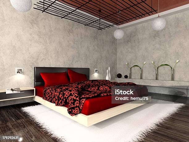 Luxurious Interior Of Bedroom In Red Colour Stock Photo - Download Image Now - Apartment, Bed - Furniture, Bedroom