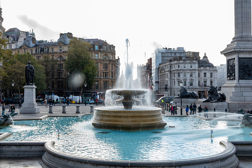 Trafalgar Square Fountain on a Sunny Autumn Day, October 31, 2023 London, England