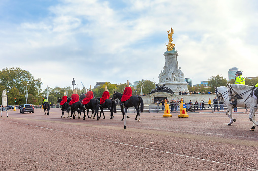 The Life Guards of the Household Cavalry Passing by Victoria Memorial at Buckingham Palace, October 31, 2023, London, UK