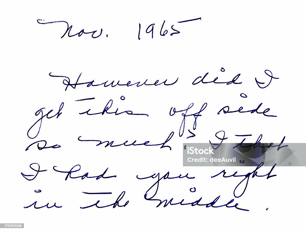 Notes from 1965 Hand-written note on the back of a family photograph. Handwriting Stock Photo