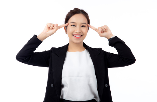 Portrait beautiful young asian businesswoman in suit standing isolated white background, business woman is manager or executive thinking and idea with imagination with success, business concept.