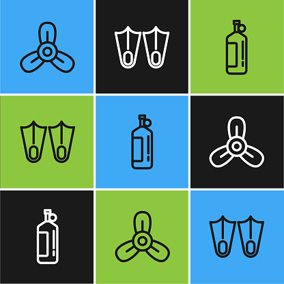 Set line Boat propeller, turbine, Aqualung and Rubber flippers icon. Vector