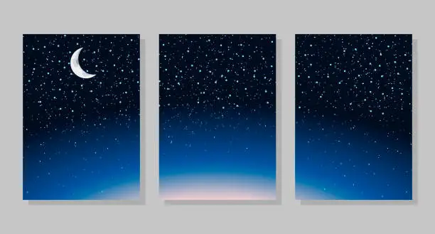 Vector illustration of Set of night sky background, frames. Moon and stars. Vector illustration.