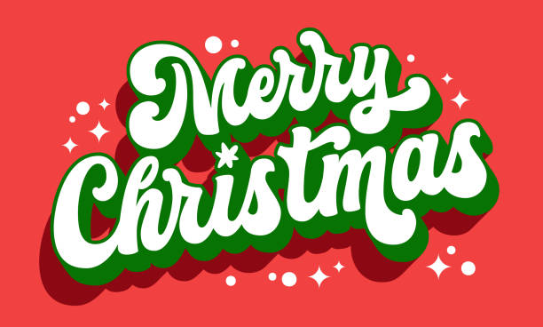 merry christmas, script 3d long shadow lettering template for christmas events. festive, isolated, red and green vector typography design element. winter holidays phrase with sparkles for any purposes - merry christmas stock illustrations