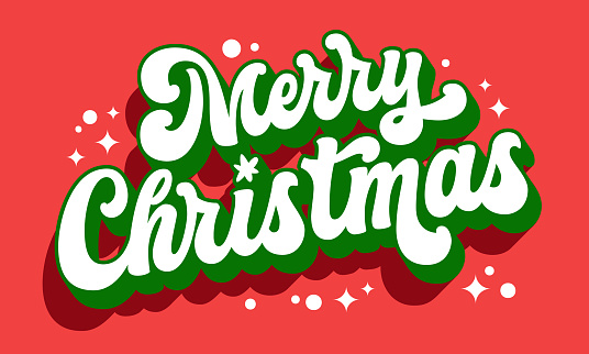 Merry Christmas, script 3D long shadow lettering template for Christmas events. Festive, isolated, red and green vector typography design element. Winter Holidays phrase with sparkles for any purposes