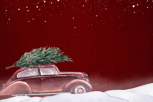 Red vintage car with christmas trees in a snow winter with copy space area. For background, template, card, etc