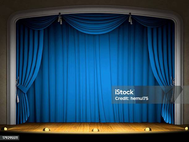 Empty Stage With Blue Curtain In Expectation Of Performance Stock Photo - Download Image Now