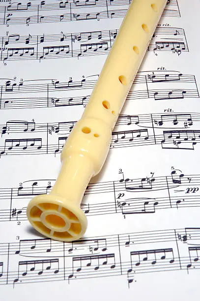 Plastic flute lying on open notesheet