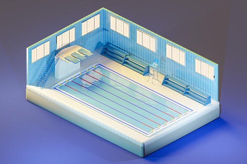 3D isometric illustration of modern swimming pool with seats umpire chair tilled walls and springboard for sports competitions