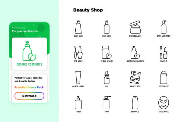 Vector illustration of Beauty shop thin line icons set: skin care, cream, gel, organic cosmetics, make up, soap dispenser, nail care, beauty box, deodorant, face oil, scrub, shampoo, sheet mask. Modern vector illustration.