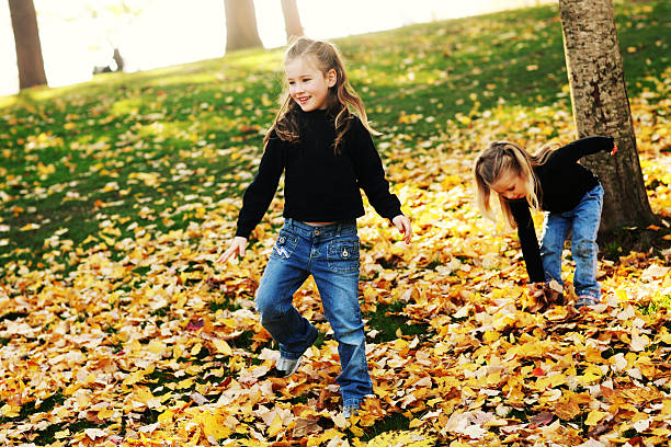 istock Young Sisters Playing in Fall Leaves Pile 179296611