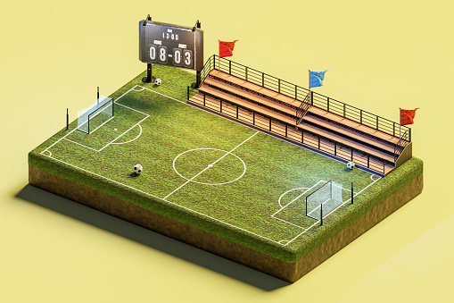 3D isometric illustration of modern stadium with tribune near billboard with score and soccer football field with green lawn and balls on yellow background
