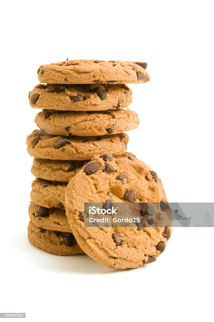 Stack of delicious chocolate chip cookies isolated on white Stack of chocolate chip cookies on white background. Baked Stock Photo