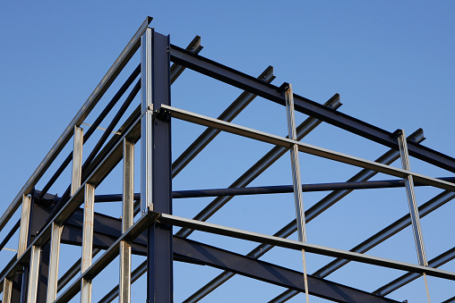 Detail of structural steelwork on a new warehouse under construction