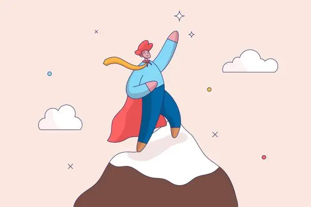 Vector illustration of Success concept. Motivation or aspiration to achieve goal. Ambition to success, victory or career growth, challenge or aiming. successful businessman superhero pointing finger up on mountain peak.