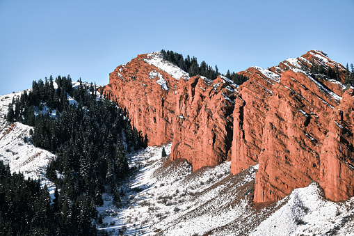 Winter view of red rocks. Jeti-Oguz, Issyk-Kul region, Kyrgyzstan