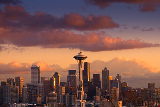 Red sky over Seattle stock photo