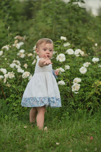 Toddler touches flowers gently, her curiosity piqued. Image ideal for promoting environmental awareness and nature education