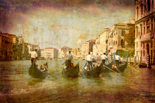 Artistic work of my own in retro style - Postcard from Italy. - Gondolas Grand Canal - Venice.MY ITALIAN LIGHTBOX: